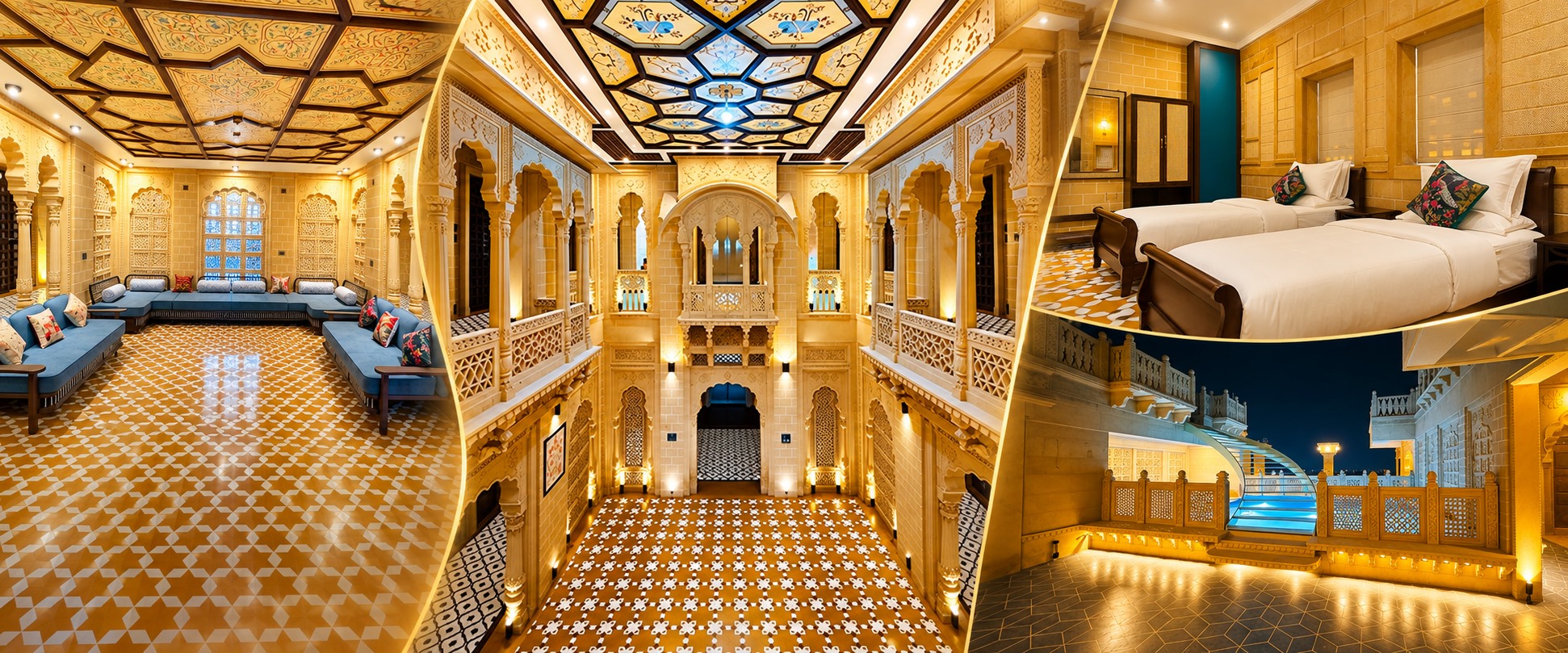 Guulab Haveli sandstone interiors, guest room, rooftop pool and terrace
