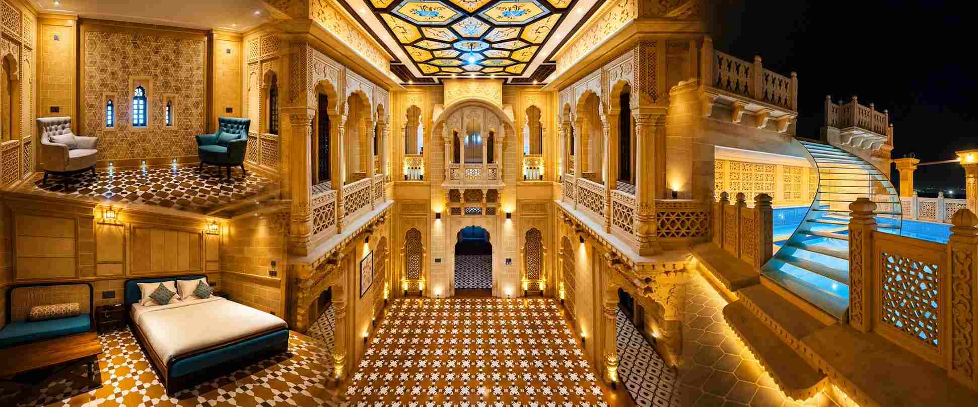 Guulab Haveli guest room, illuminated sandstone courtyard and rooftop swimming pool