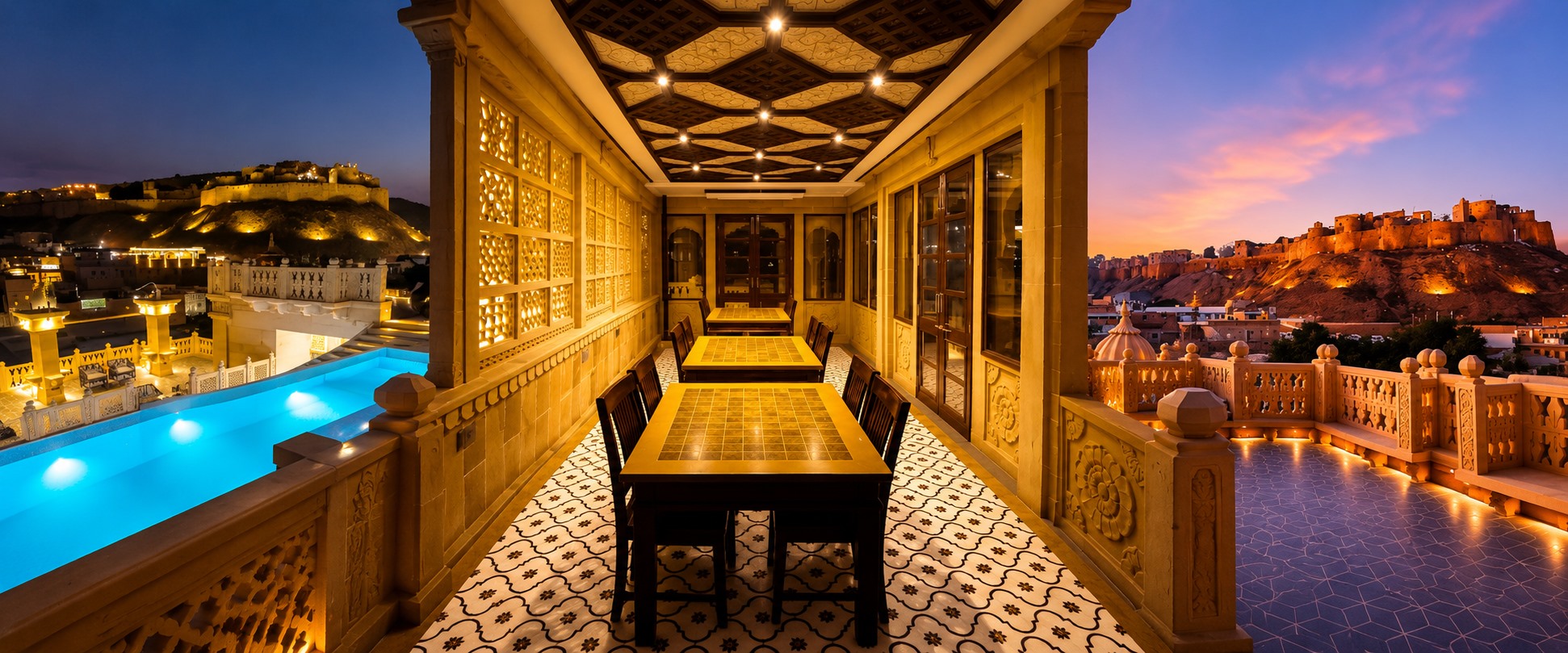 Guulab Haveli rooftop dining room, rooftop pool and Jaisalmer Fort terrace