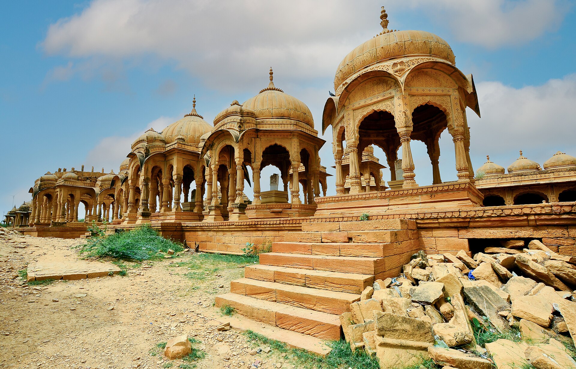 Ornately carved royal sandstone cenotaphs at Bada Bagh near Jaisalmer