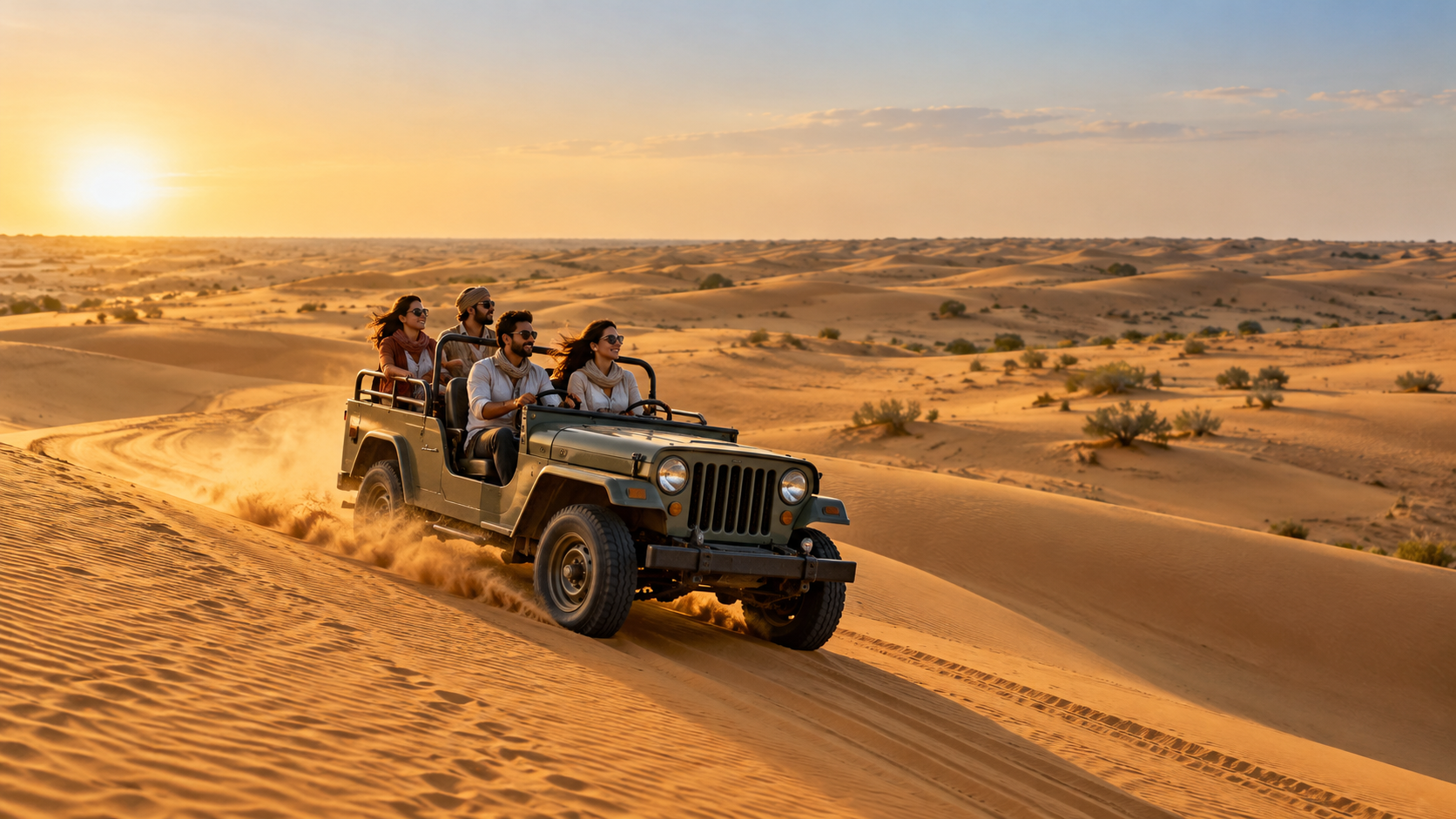 Jeep safari crossing the golden sand dunes near Jaisalmer