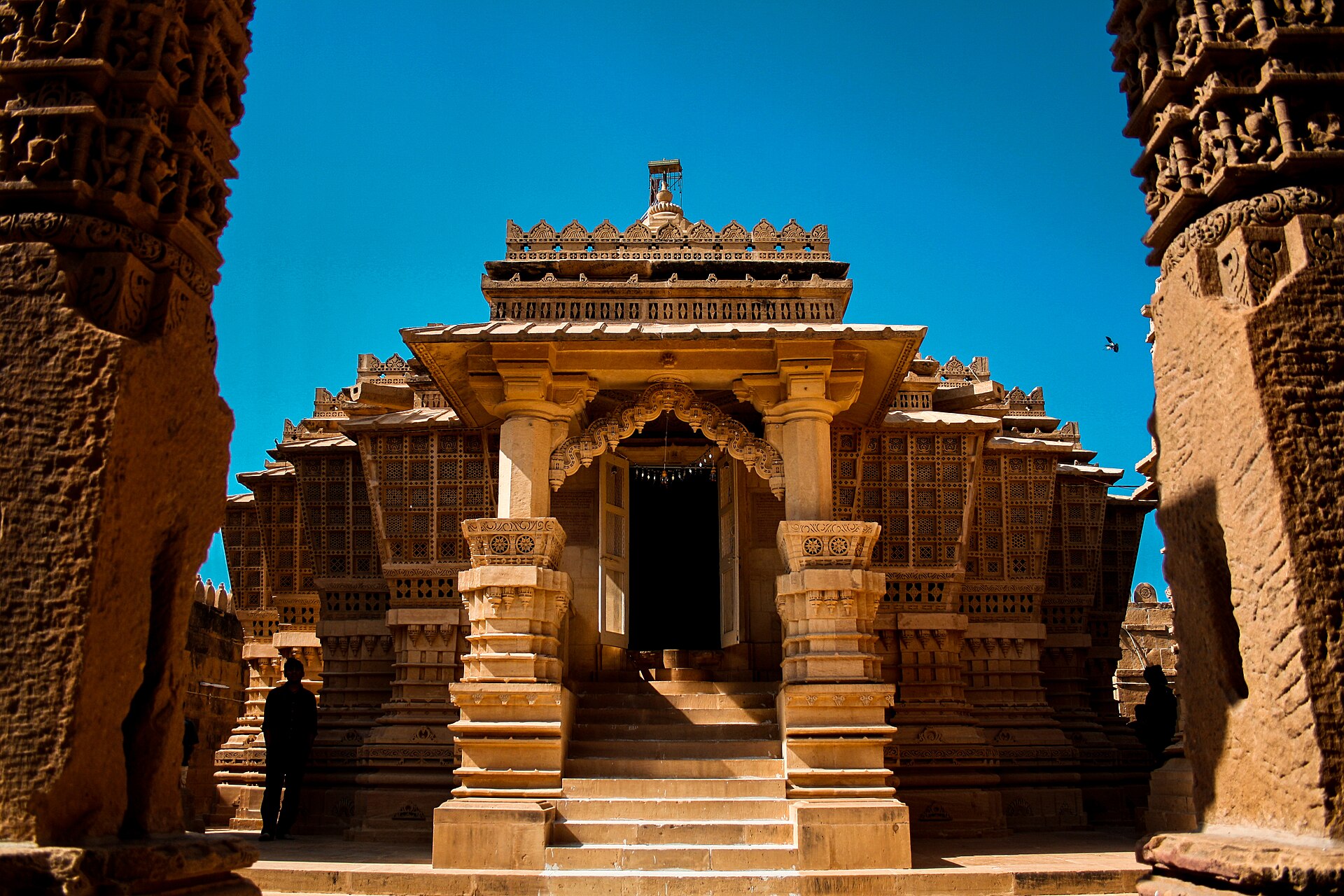 Intricately carved golden sandstone entrance of Lodurva Jain Temple near Jaisalmer