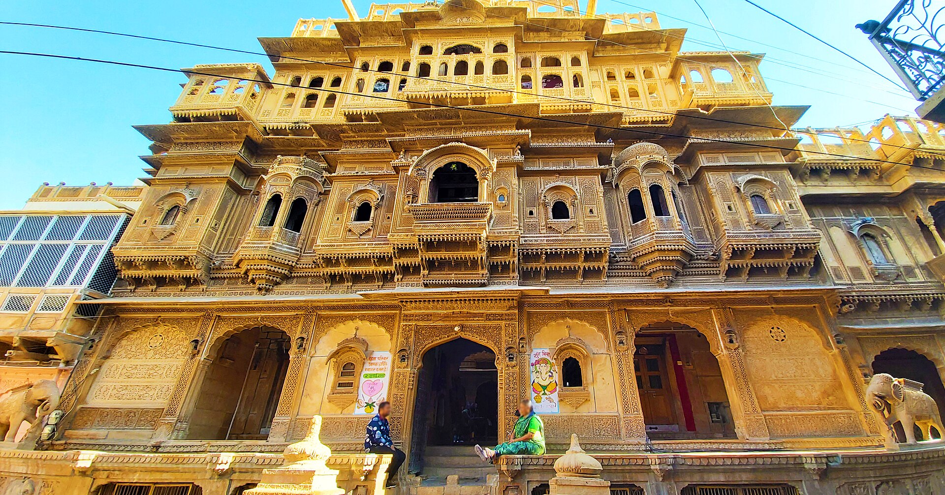 Ornate golden sandstone facade of Nathmal Ki Haveli in Jaisalmer
