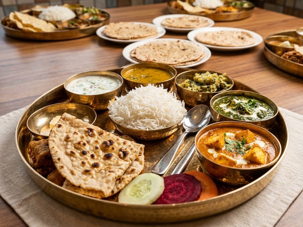 Pure vegetarian Rajasthani thali prepared without onion or garlic at Guulab Haveli Jaisalmer